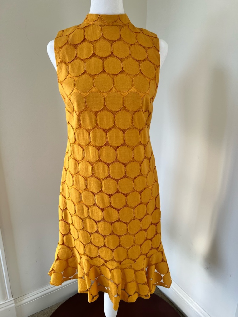 TRINA TURK Mustard Yellow Sleeveless Circle-Textured Midi Dress
